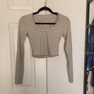 Reformation Gray Ribbed Scoop Neck Long Sleeve Top XS